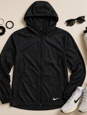 Nike Black Hooded Windbreaker 4 Pocket L Sleeve Runners Jacket. Ladies Large